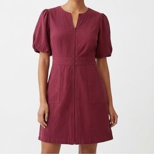 Lena Puff Short Sleeve Zip Front Dress with Pockets M